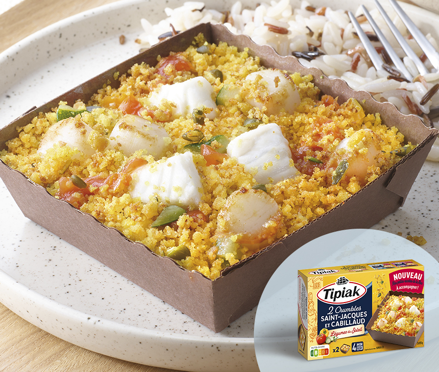 Crumble Saint-Jacques* Cabillaud Légumes du soleil 